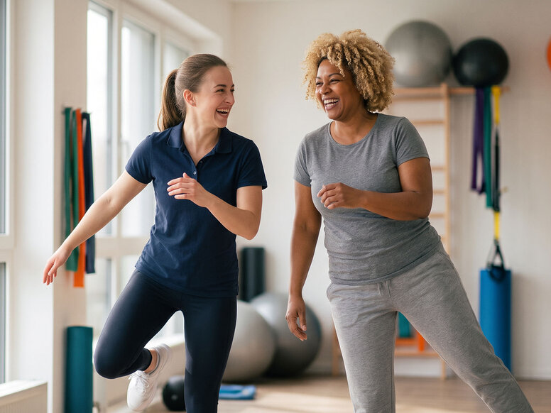 Physiotherapie-Schülerin leitet eine Patientin bei einer Gleichgewichtsübung im hellen Trainingsraum praxisnah an.