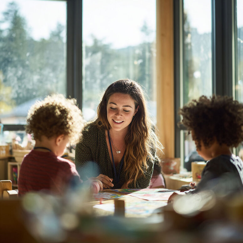 Eine Erzieherin in Ausbildung bastelt kreativ mit Kindern in der Kita als praxisorientierter Teil der frühkindlichen Bildung.
