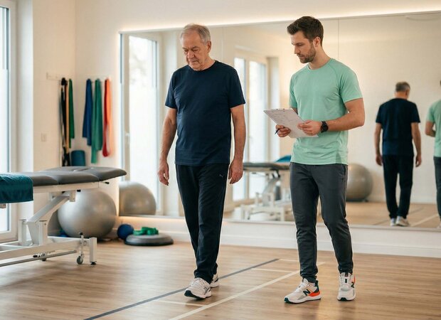 Ein Physiotherapie-Auszubildender beobachtet aufmerksam einen Patienten bei der Ganganalyse in einem modern ausgestatteten SkillsLab.