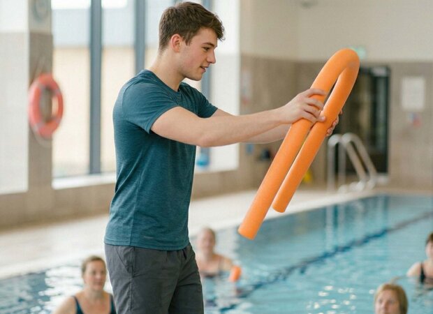Ein angehender Masseur und med. Bademeister demonstriert die korrekte Handhabung einer Poolnoodle bei einem Aquafitness-Kurs in einem Indoor-Pool.