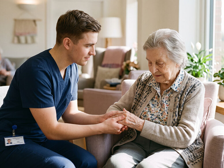 Eine junge Pflegefachassistentin sitzt einer älteren Frau gegenüber und hält sanft ihre Hände. Sie blickt die ältere Frau mitfühlend an. Im hellen Gemeinschaftsraum im Hintergrund ist ein großes Fenster mit Pflanzen und eine weitere Person zu sehen.