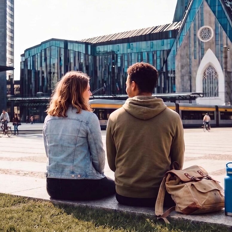 Eine junge Frau und ein junger Mann sitzen von hinten fotografiert auf einem Platz mit Blick auf das moderne Paulinum-Gebäude in Leipzig.