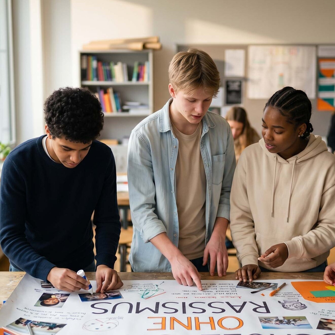 Diverse Schülergruppe gestaltet gemeinsam ein Plakat im hellen Klassenraum für das Projekt Schule ohne Rassismus.