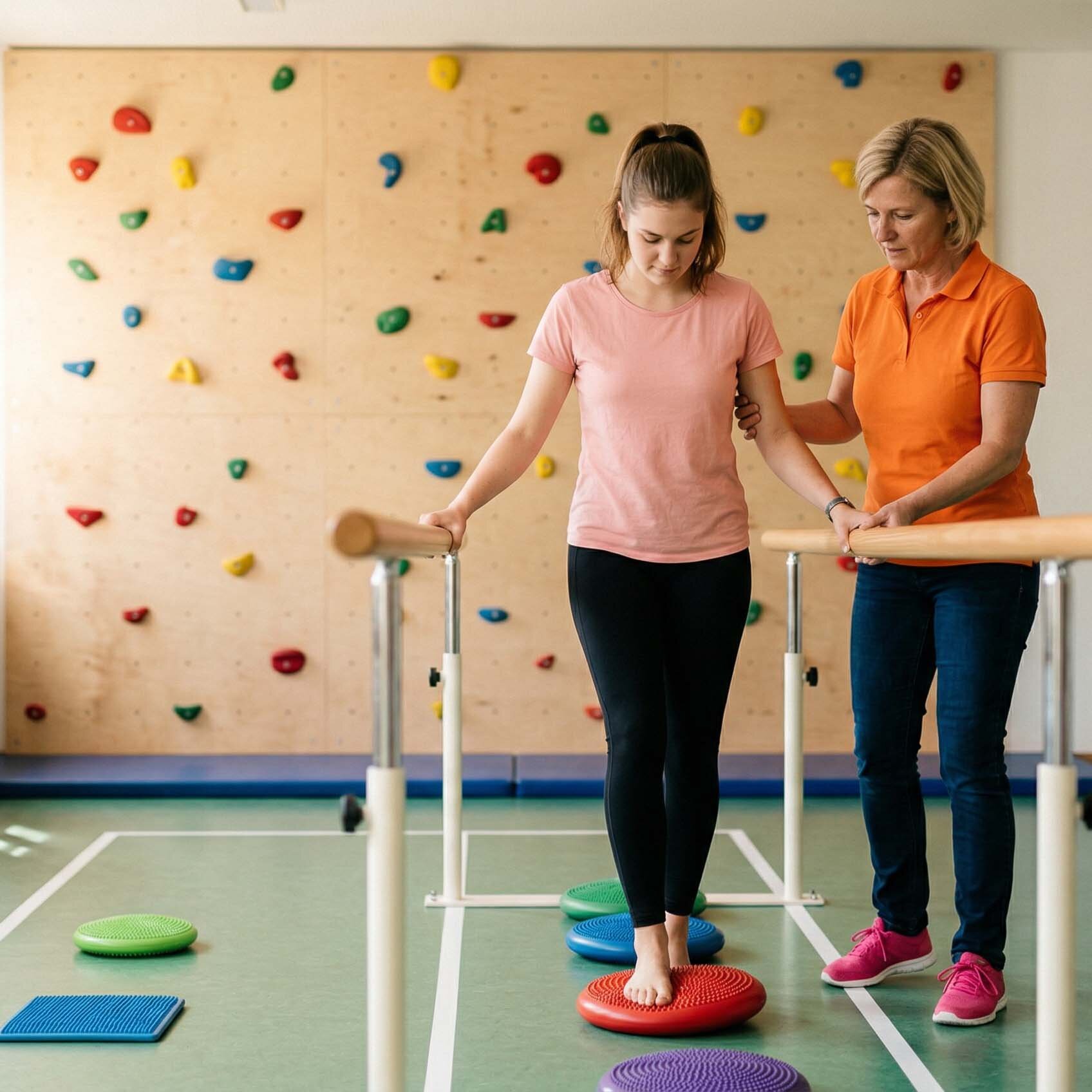 Eine Patientin führt eine Balanceübung am Gehbarren aus, während die Ergotherapeutin unterstützend neben ihr her läuft und ihre Hand hält.