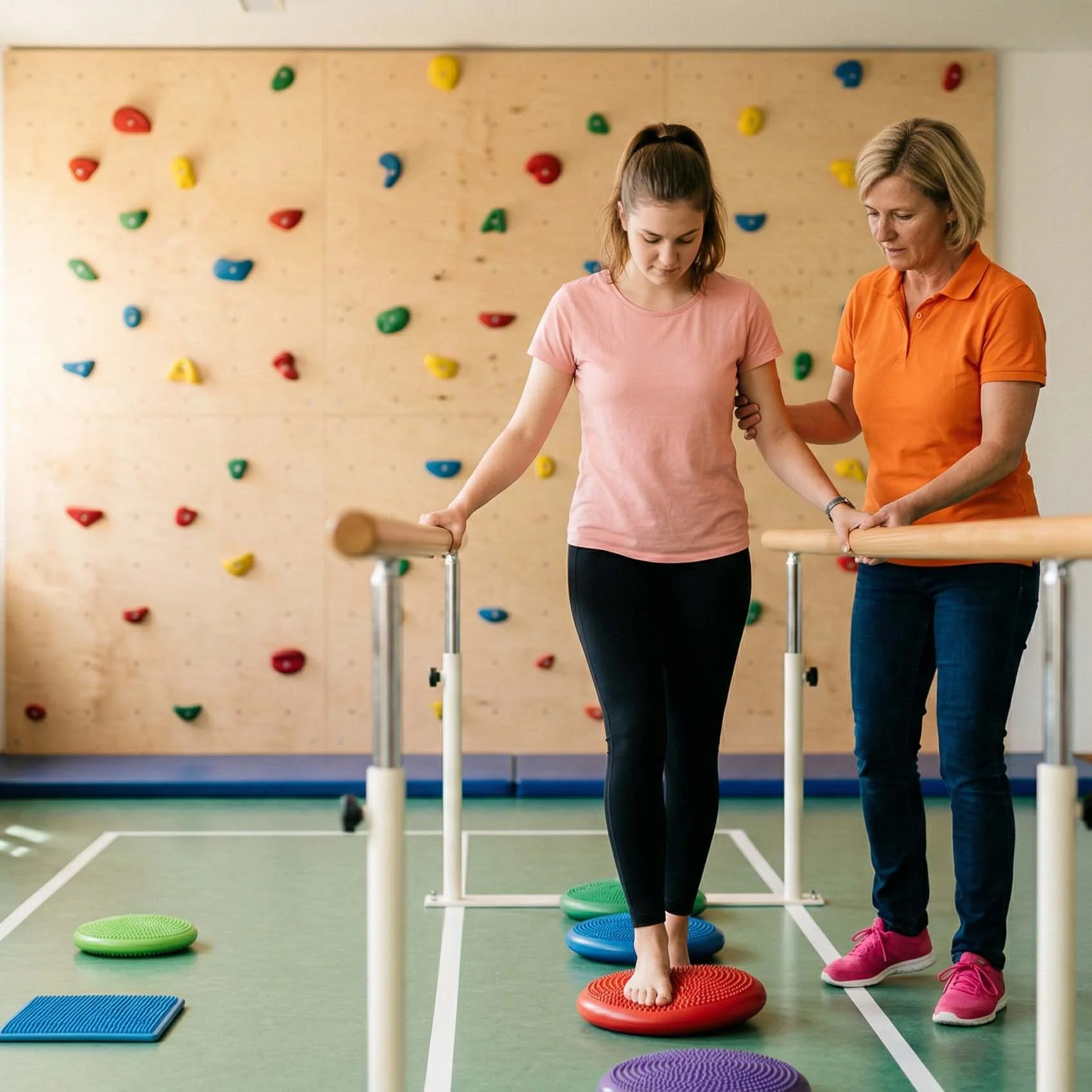 Eine Patientin führt eine Balanceübung am Gehbarren aus, während die Ergotherapeutin unterstützend neben ihr her läuft und ihre Hand hält.