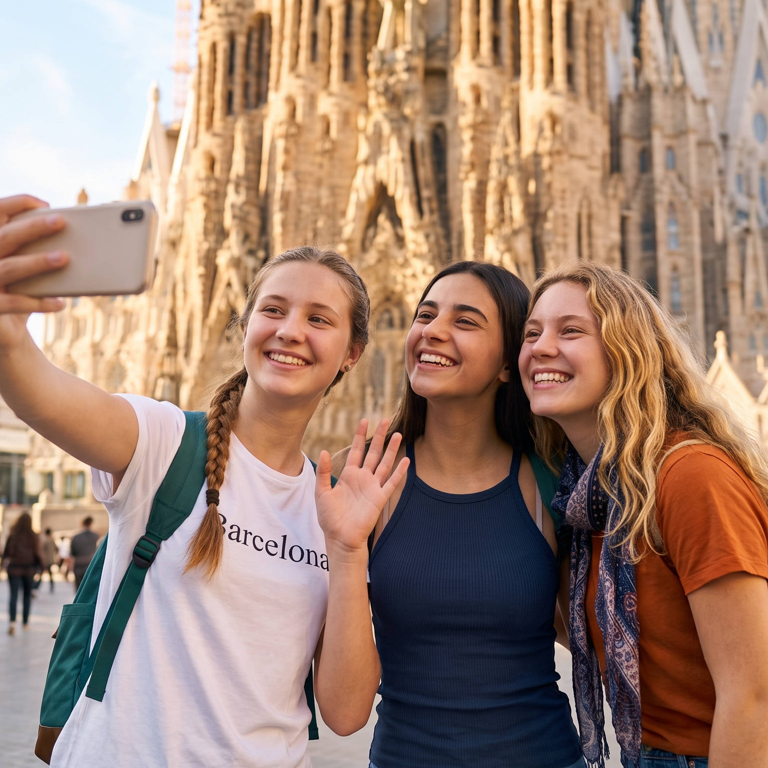 Drei glückliche Erasmus+-Teilnehmer machen ein Selfie vor der Sagrada Familia in Barcelona während ihres Schulaustauschs.