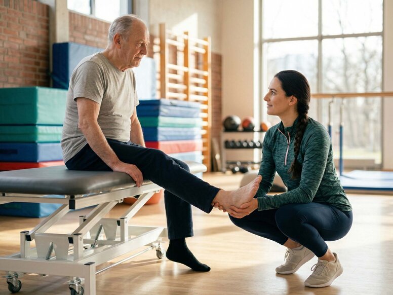 Physiotherapeutin mobilisiert Sprunggelenk bei Senior in modernem Gymnastikraum für praxisorientierte Analyse von Bewegungsstörungen.