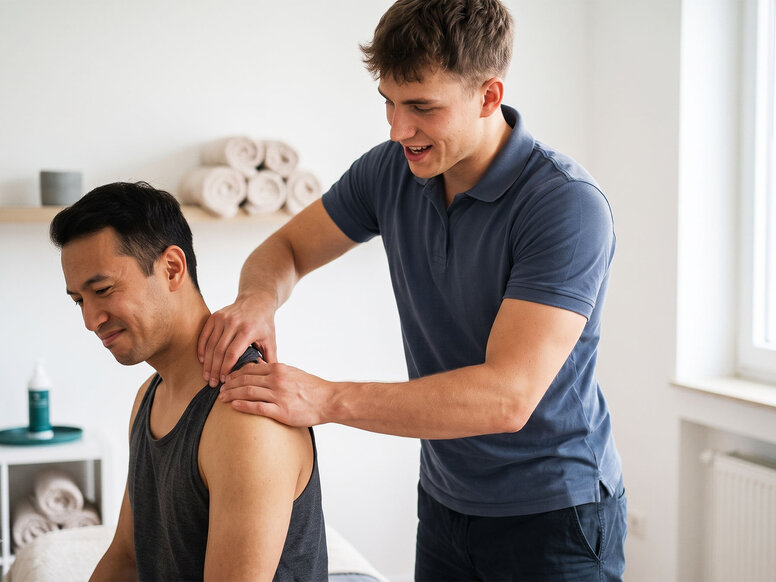 Lächender Masseur-Auszubildender behandelt die Schulter eines Patienten während eines fachlichen Gesprächs in einer Praxis.