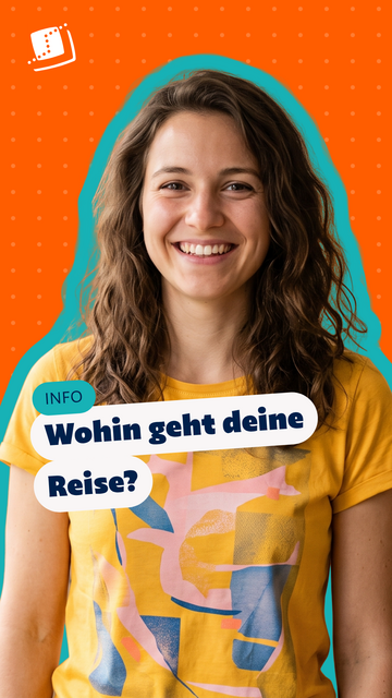 Eine Schülerin mit Locken vor orangefarbenem Hintergrund mit Schild: „Wohin geht deine Reise?“