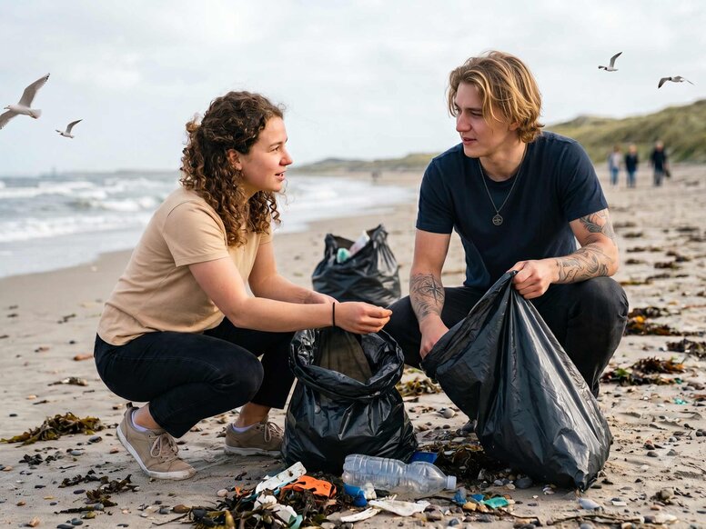 Ein junges Paar sammelt Plastikmüll an einem sandigen Nordsee-Strand bei Cuxhaven im Rahmen einer praxisnahen Küstenreinigungsaktion für den Umweltschutz.