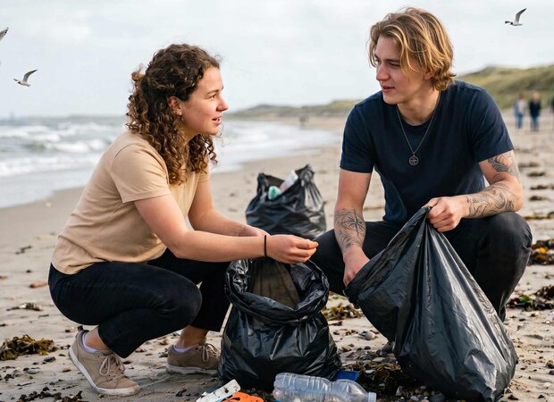 Ein junges Paar sammelt Plastikmüll an einem sandigen Nordsee-Strand bei Cuxhaven im Rahmen einer praxisnahen Küstenreinigungsaktion für den Umweltschutz.