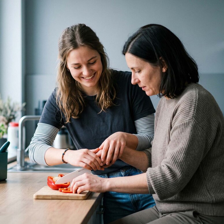 Eine Ergotherapie-Schülerin unterstützt eine Klientin in der Küche handlungsorientiert bei der Alltagsbewältigung.