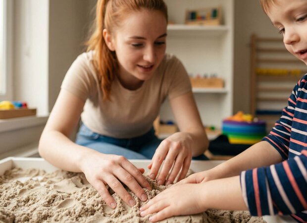 Close-Up: Hände von Ergotherapeutin in Ausbildung und Kind tauchen gemeinsam in kinetischen Sand für haptische Erfahrung.