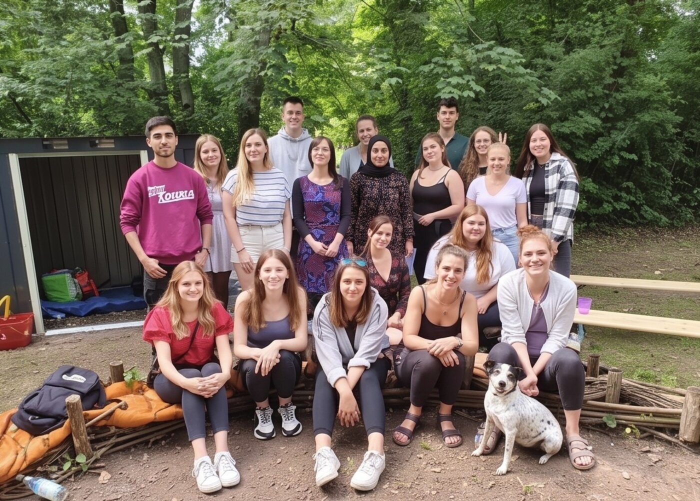 Gruppenfoto von Lernenden bei einer Exkursion im Wald. Die Teilnehmenden sitzen und stehen gemeinsam auf einem naturnahen Gelände im Freien.