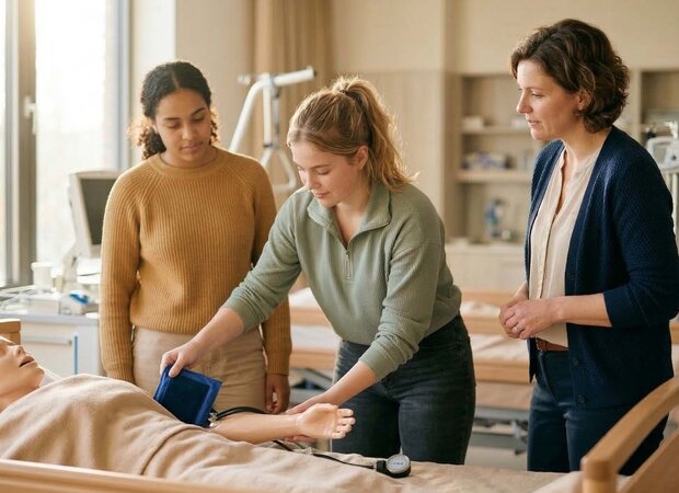 Mehrere Auszubildende trainieren im SkillsLab handlungsorientiert die korrekte Blutdruckmessung an einer Pflegepuppe unter Aufsicht.