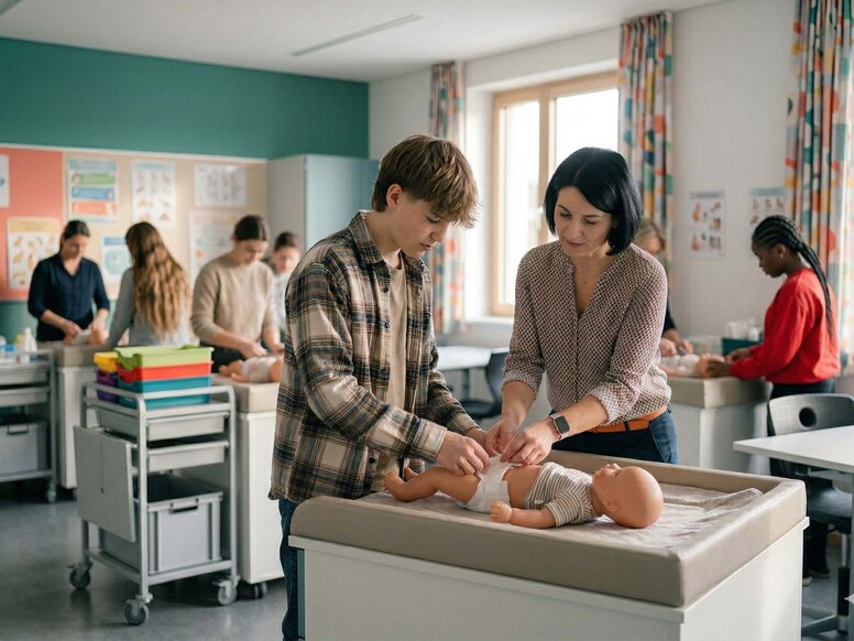 Schüler und Lehrerin wickeln eine Babypuppe Unterrichtsraum für die Ausbildung zum Sozialpädagogischen Assistent im SkillsLab.