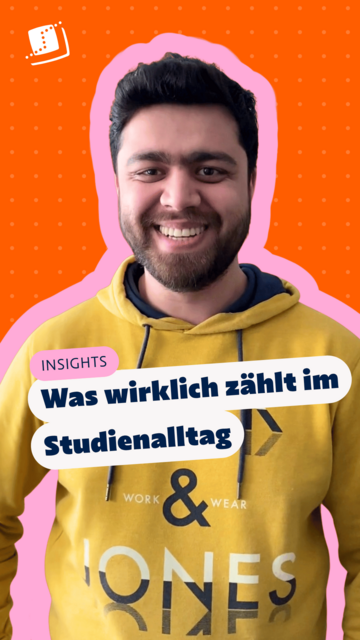 Student im gelben Hoodie vor orangefarbenem Hintergrund und dem Text: „INSIGHTS – Was wirklich zählt im Studienalltag“.