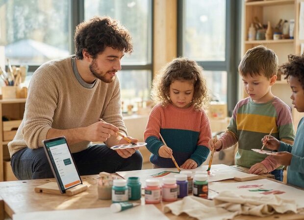 Ein Erzieher leitet Kinder im Atelier handlungsorientiert beim Malen an, um kreative Skills in der Praxis zu fördern.