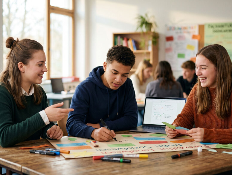 Zwei Schülerinnen und ein Schüler der Fachoberschule für Gesundheit und Soziales lernen am Holztisch, auf dem ein Laptop steht. Sie arbeiten zusammen an einer Gruppenarbeit und gestalten ein Plakat. 
