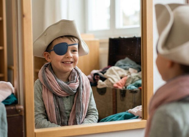 Junge mit Piratenhut und Augenklappe betrachtet sich lächelnd im Spiegel im Theaterraum des Kindergartens.