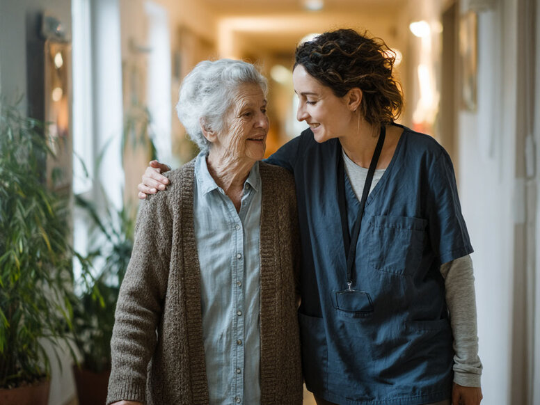 Empathische Pflegeschülerin begleitet eine Seniorin auf dem Flur und hat liebevoll ihren Arm um die Patientin gelegt.
