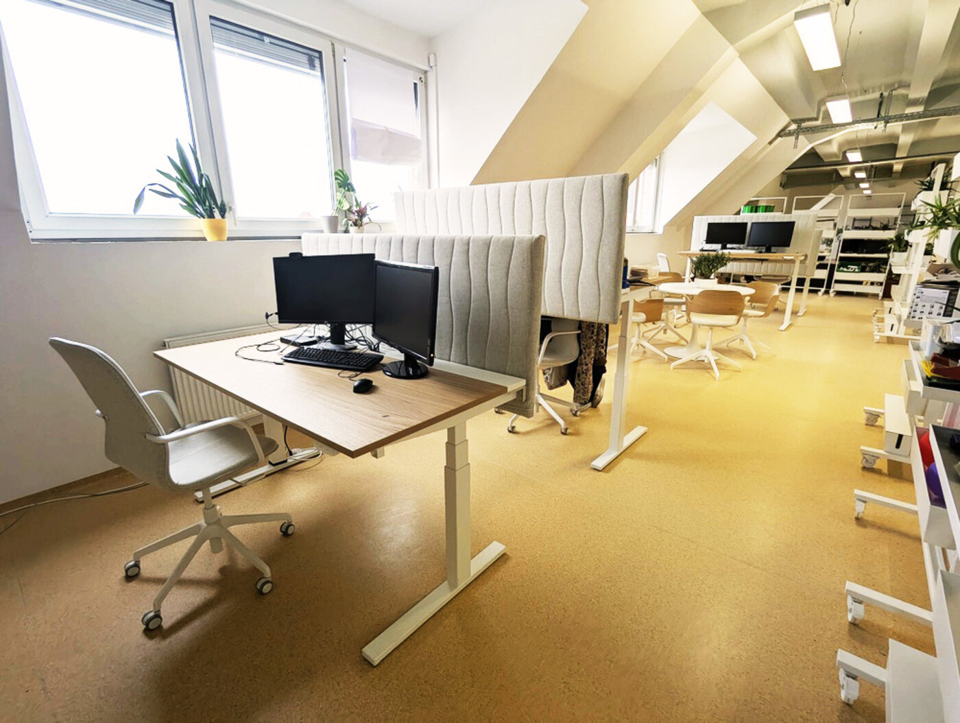 Heller Open-Space-Arbeitsbereich mit höhenverstellbaren Schreibtischen, Monitoren und Akustiktrennwänden. Moderne Arbeitsplätze für konzentriertes und flexibles Arbeiten.