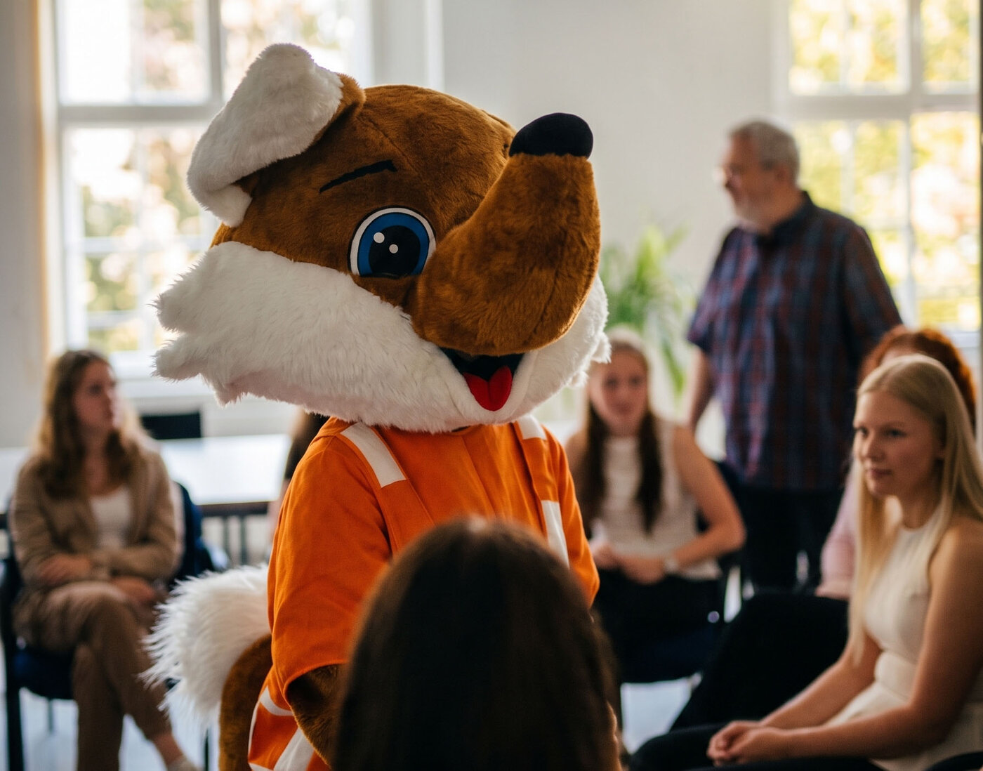 Schlaufuchs begrüßt neue Auszubildende zum Schulbeginn in Chemnitz. Die Figur steht im Mittelpunkt eines Stuhlkreises und unterstützt eine freundliche Atmosphäre zum Ausbildungsstart.