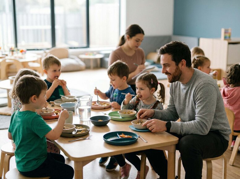 Ein Erzieher sitzt mit einer Kindergruppe zusammen am Tisch und begleitet empathisch das gemeinsame Mittagessen in einer Kita. Eine Auszubildende beobachtet im Hintergrund die Essenssituation und macht sich Notizen.