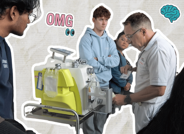 Mehrere Auszubildende stehen um ein medizinisches Gerät auf einem Wagen und verfolgen eine technische Vorführung. Das Bild ist als Collage gestaltet, mit weißen Konturen um die Personen sowie den grafischen Elementen „OMG“, Augen-Symbol und Gehirn-Icon.