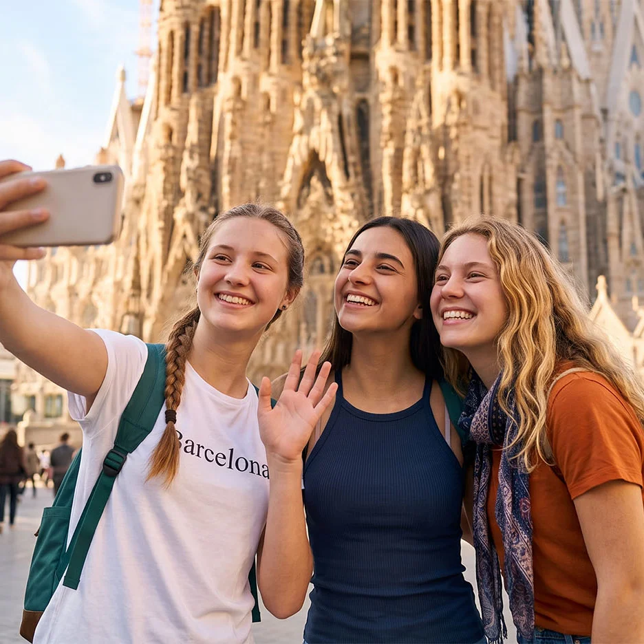 Drei glückliche Erasmus+-Teilnehmer machen ein Selfie vor der Sagrada Familia in Barcelona während ihres Schulaustauschs.