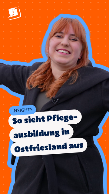 Junge Frau mit rotem Haar und in dunklem Mantel. Im Bild steht der Text: „INSIGHTS – So sieht Pflegeausbildung in Ostfriesland aus“.