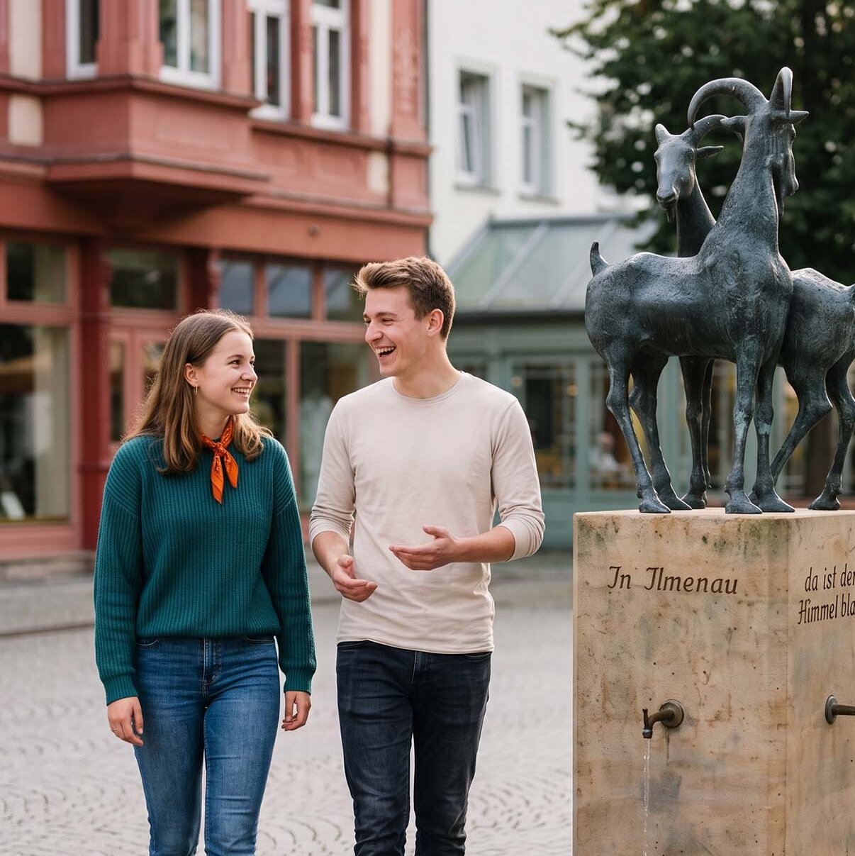 Junger Mann und junge Frau gehen unterhaltend am Ziegenbrunnen in Ilmenau vorbei, ein authentisches Bild von Studentenleben in der Universitätsstadt.