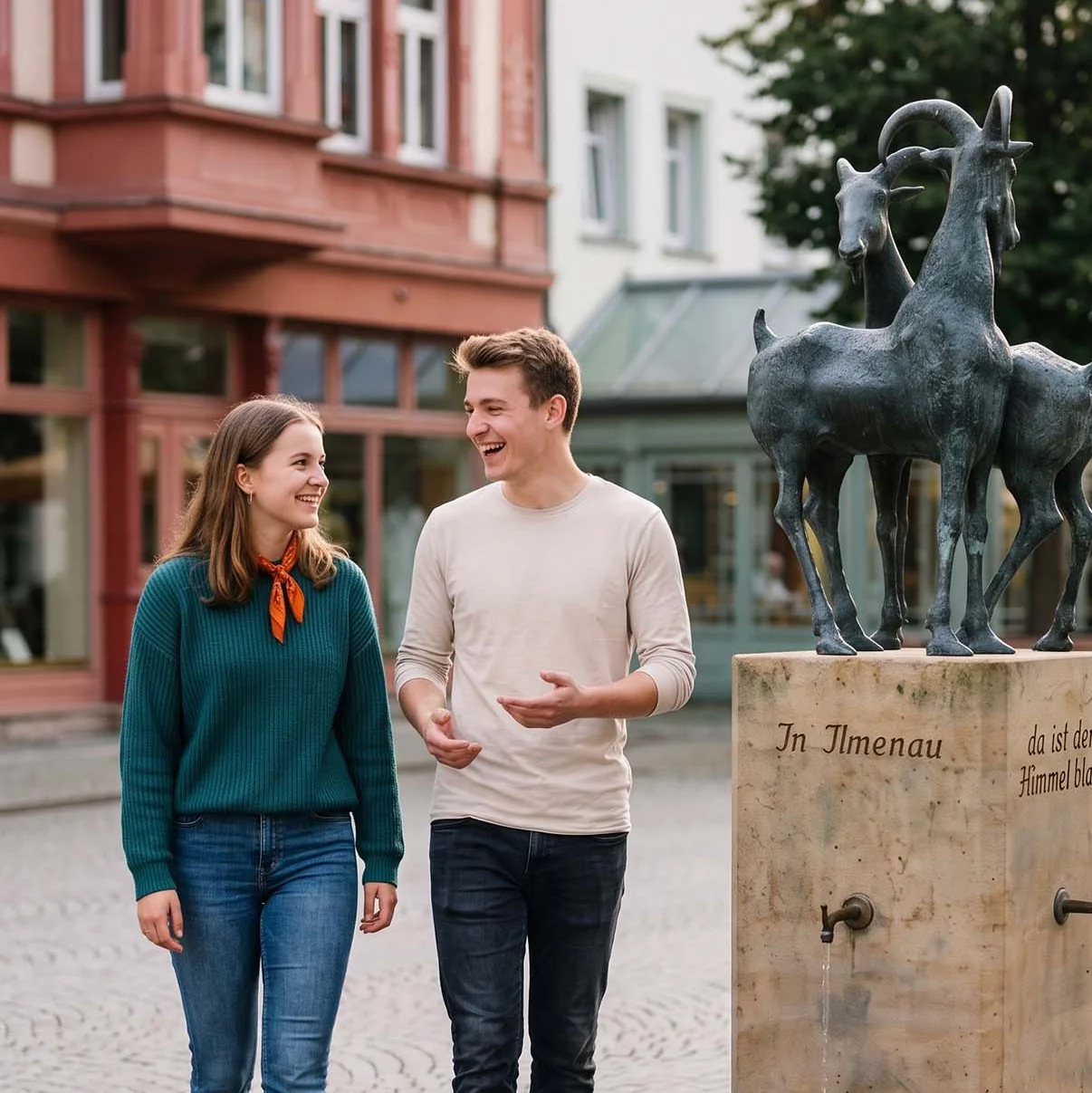 Junger Mann und junge Frau gehen unterhaltend am Ziegenbrunnen in Ilmenau vorbei, ein authentisches Bild von Studentenleben in der Universitätsstadt.