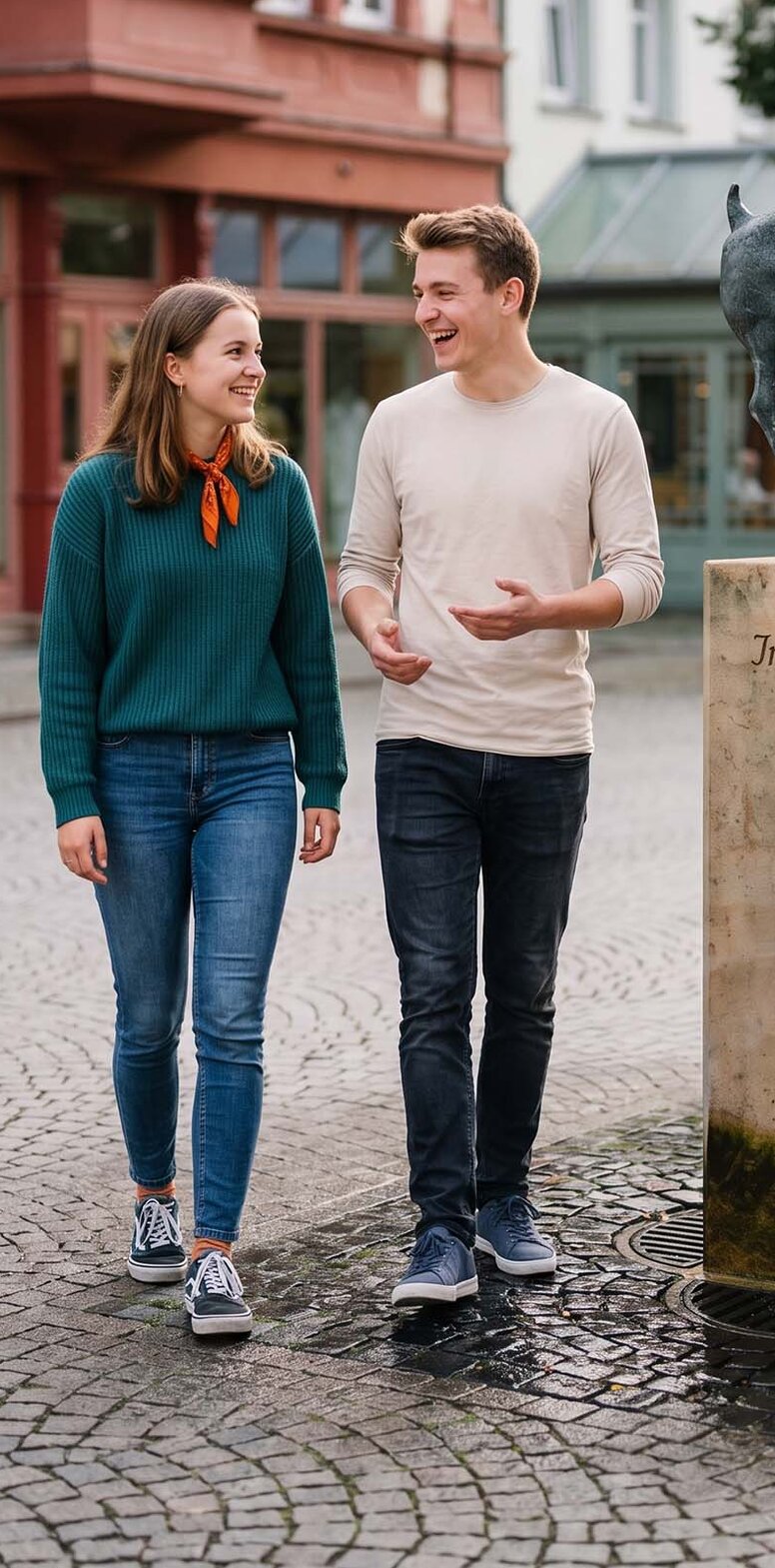 Junger Mann und junge Frau gehen unterhaltend am Ziegenbrunnen in Ilmenau vorbei, ein authentisches Bild von Studentenleben in der Universitätsstadt.