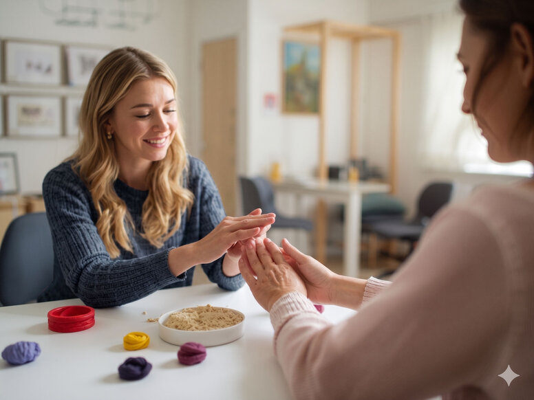 Angehende Ergotherapeutin trainiert mit Patientin die Handrehabilitation mittels Therapieknete und Sand in einer Ergotherapie-Praxis.