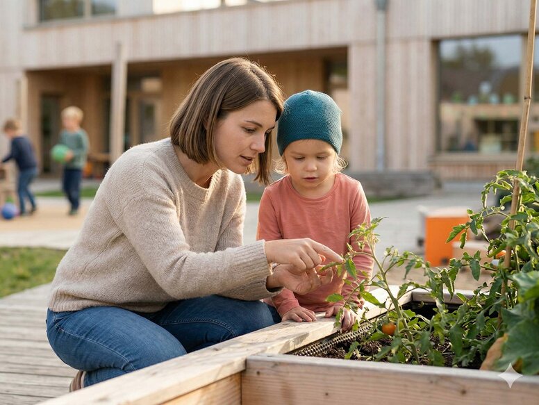 Eine Erzieherin kniet im Außenbereich einer modern gestalteten Kindertagesstätte neben einem Hochbeet. Sie zeigt einem Kleinkind mit blauer Mütze behutsam eine Pflanze. Im Hintergrund spielen Kinder.