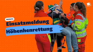 Rettungsteam bei einer Höhenrettungsübung mit Spezialtrage. Eingeblendeter Text: „Insights – Einsatzmeldung Höhenhenrettung“.