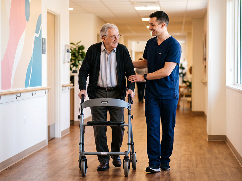 Angehender Pflegefachassistent in blauem Kasack stützt lächelnd einen Senior am Rollator im Flur. Im Hintergrund rosa und topasfarbene Kunst.