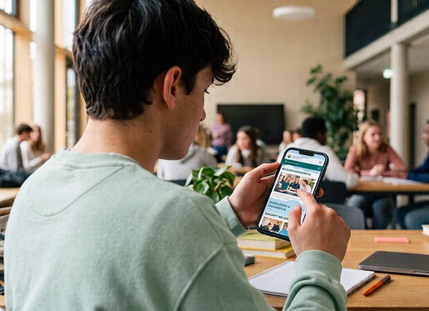Ein junger Mann betrachtet konzentriert sein Smartphone in einem modernen Lernbereich zur handlungsorientierten Berufsorientierung.