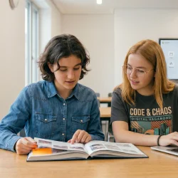 Schülerinnen informieren sich gemeinsam mit Buch und Laptop über die Geschichte ihrer Schule.