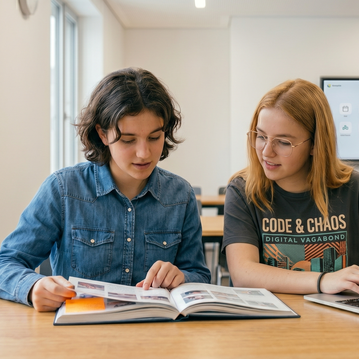 Schülerinnen informieren sich gemeinsam mit Buch und Laptop über die Geschichte ihrer Schule.