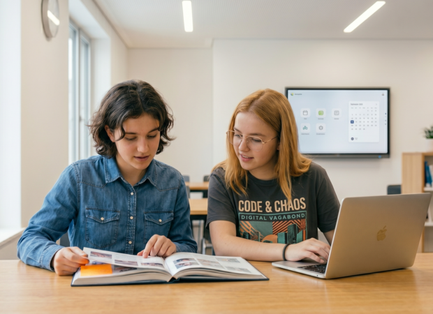 Schülerinnen informieren sich gemeinsam mit Buch und Laptop über die Geschichte ihrer Schule.