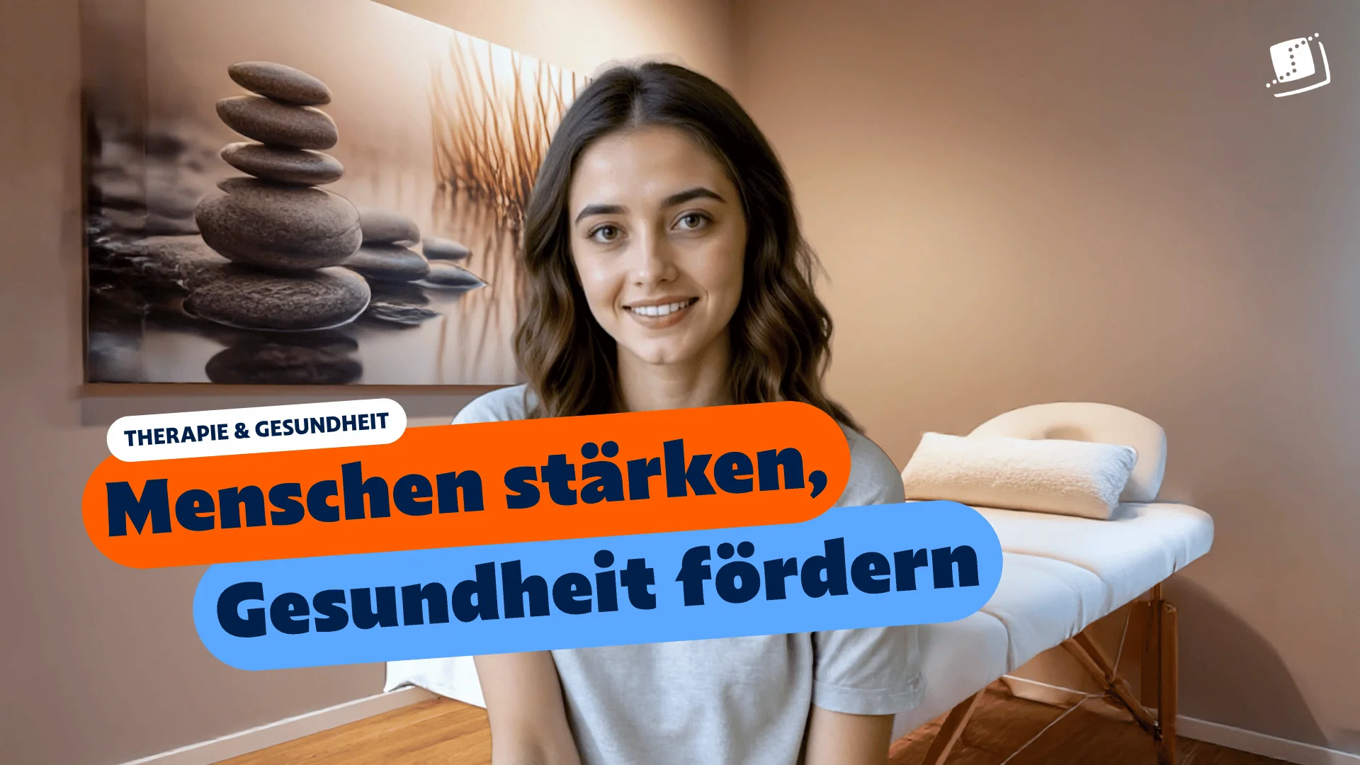 Eine junge Frau in einem Therapieraum mit Therapieliege und Wandbild. Eingeblendeter Text: „Therapie & Gesundheit – Menschen stärken, Gesundheit fördern“.