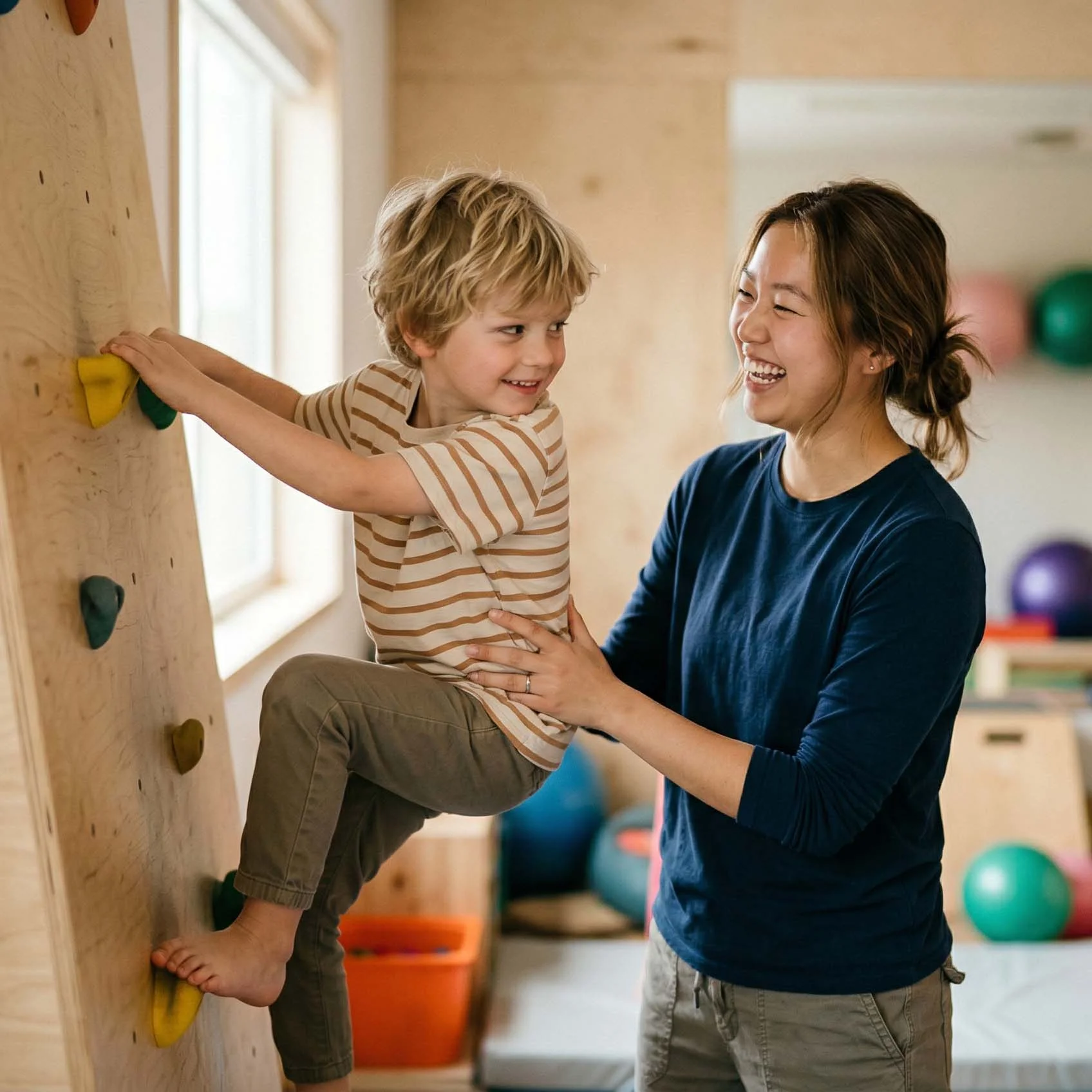 Eine Auszubildende zur Erzieherin sichert lachend einen Jungen beim Klettern an einer Kletterwand im Sportraum einer Kindertagesstätte.