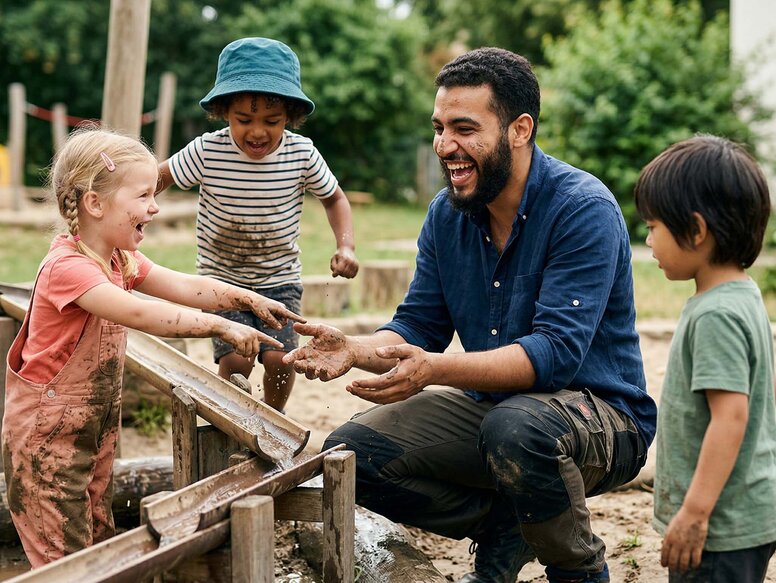 Ein männlicher Erzieher und Kinder jubeln gemeinsam bei der Nutzung einer Wasserbahn auf dem Kita-Außengelände und freuen sich beim handlungsorientiertes Lernen.