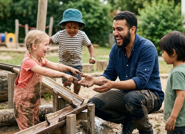 Ein männlicher Erzieher und Kinder jubeln gemeinsam bei der Nutzung einer Wasserbahn auf dem Kita-Außengelände und freuen sich beim handlungsorientiertes Lernen.