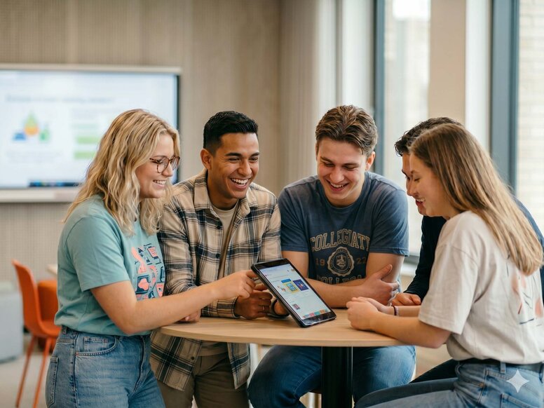Schülergruppe arbeitet konzentriert mit Tablet und digitaler Tafel in einem modernen, praxisorientierten Lernumfeld.