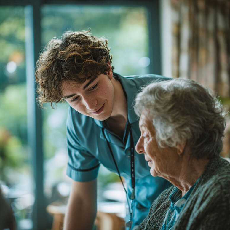 Aufmerksamer Pflegeschüler spricht mit einer älteren Dame zur Stärkung der kommunikativen Fähigkeiten im Pflegealltag in ihrem Patientenzimmer.