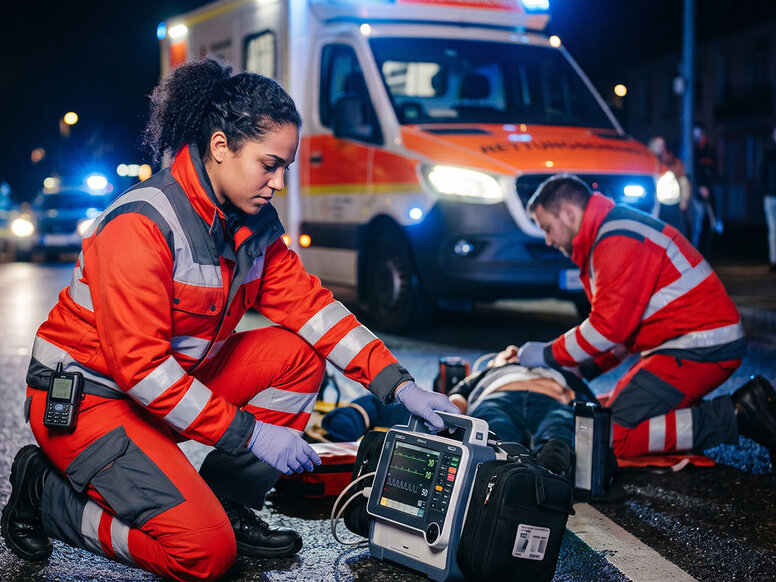 Eine kniende Notfallsanitäterin bedient nachts während eines Verkehrsunfalls konzentriert einen medizinischen Monitor neben einem Patienten, der von einem Kollegen betreut wird. Im Hintergrund steht ein Rettungswagen mit leuchtendem Blaulicht.