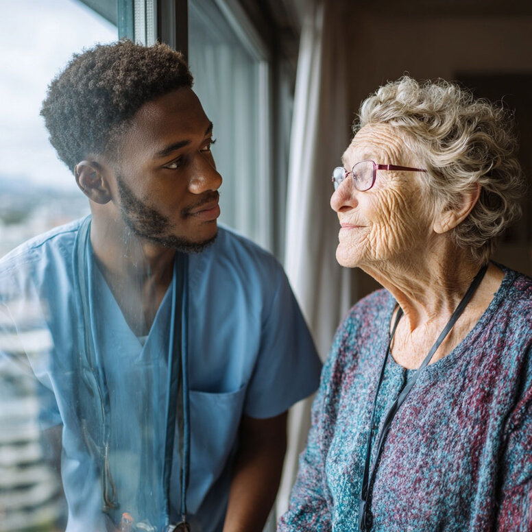 Ein engagierter Pfleger steht leicht gebeugt neben einer Seniorin, die erwartungsvoll aus dem Fenster blickt und schaut sie an.